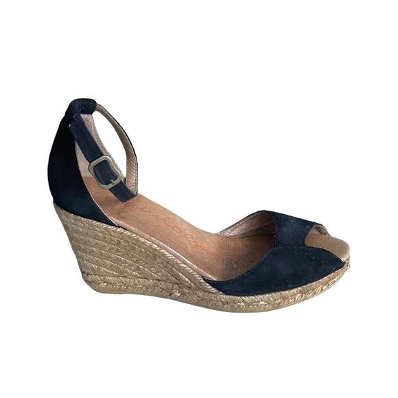 GAIMO Suede Peep Toe Wedge Espadrilles Sandals Shoes Black Tan 38 - Picture 2 of 13